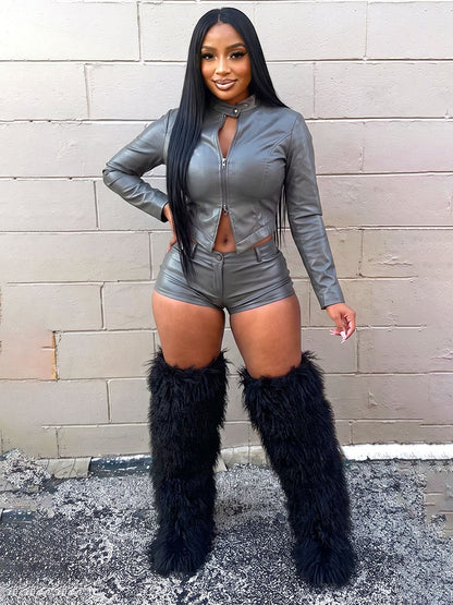 Leather Crop Jacket & Shorts Set