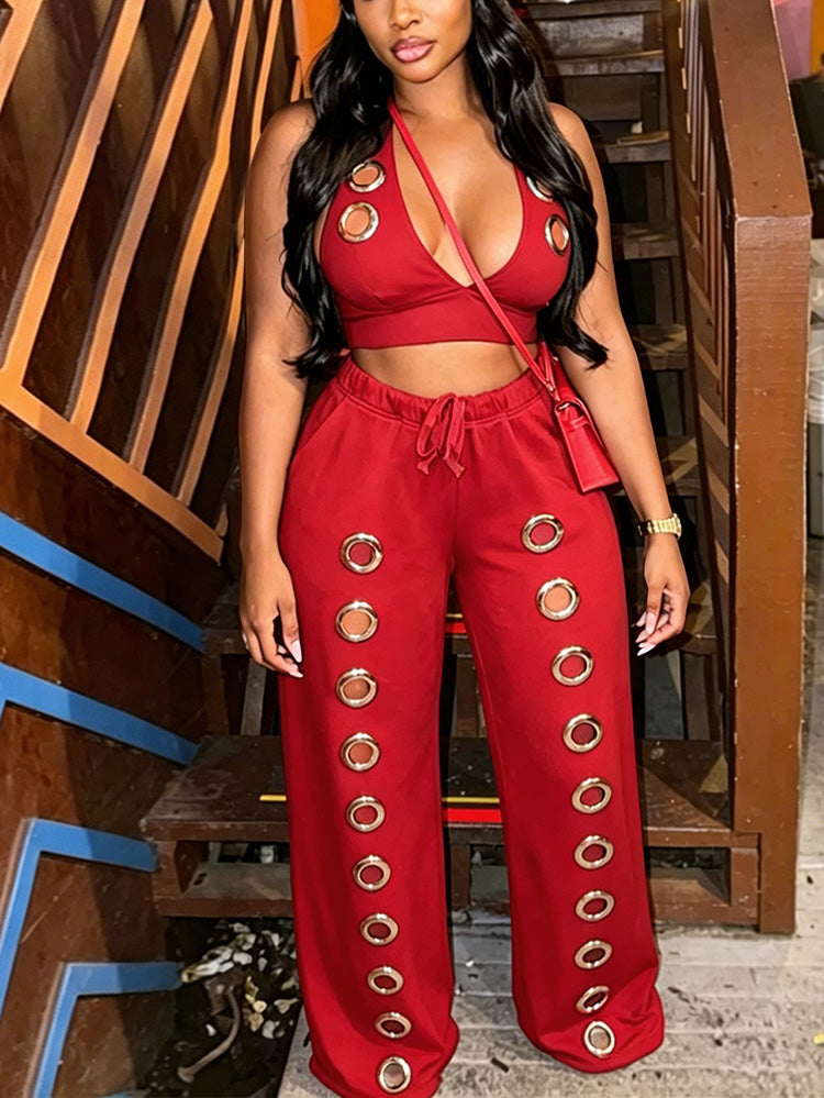 Grommet Crop Top & Wide Pants Set