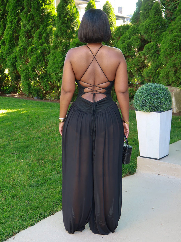 Criss-Cross Back Sheer Jumpsuit