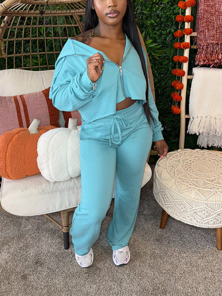 Cropped Zip-Up Hoodie Lounge Set