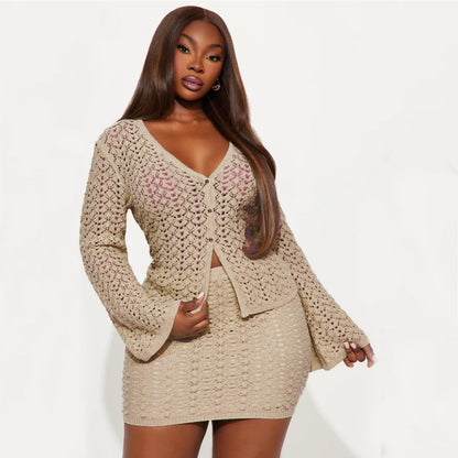 Crochet Knit Top Skirt Set