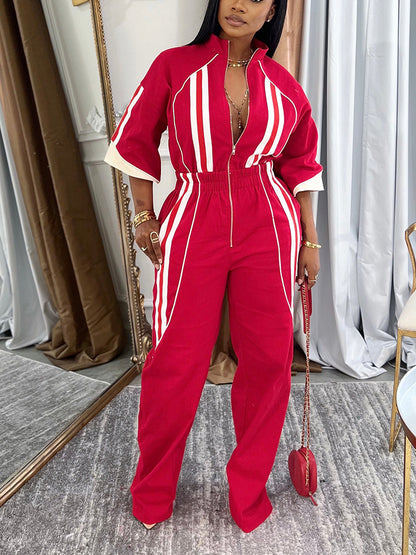 3/4 Sleeves Zip-Up Striped Jumpsuit