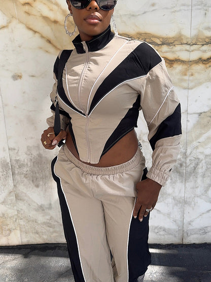 Colorblock Cropped Jacket & Track Pant Set