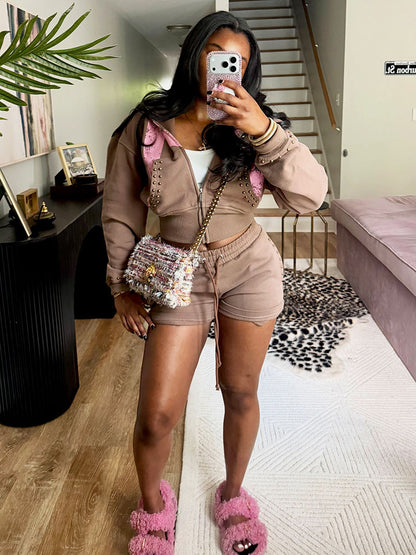 Studded Hoodie Jacket & Shorts Set