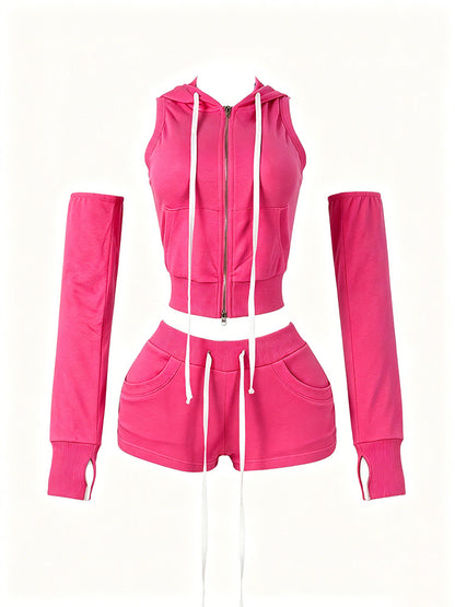 Active Hoodie Short Set with Arm Sleeves