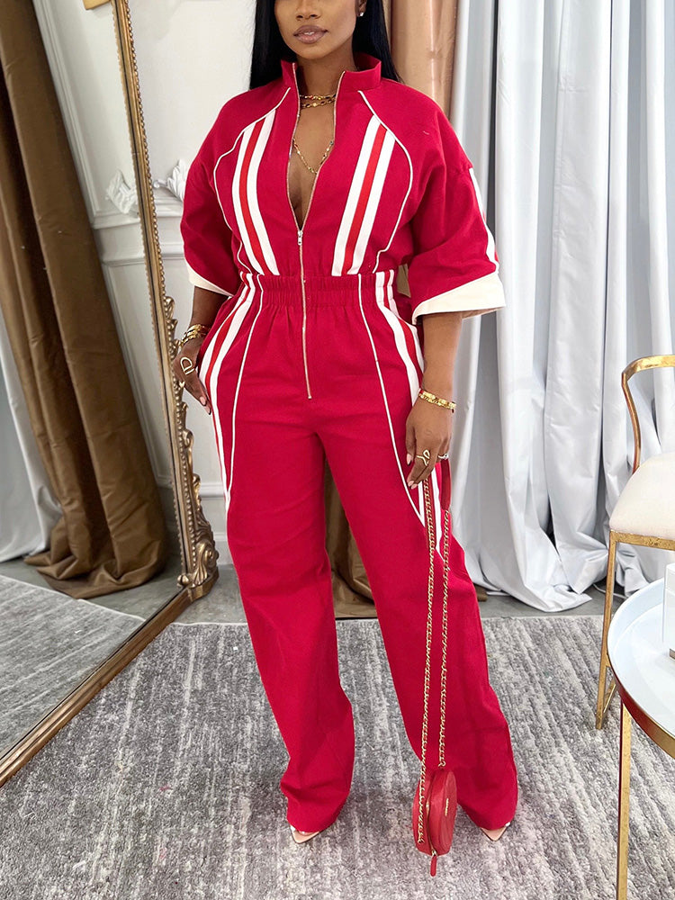 3/4 Sleeves Zip-Up Striped Jumpsuit