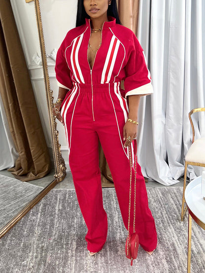 3/4 Sleeves Zip-Up Striped Jumpsuit