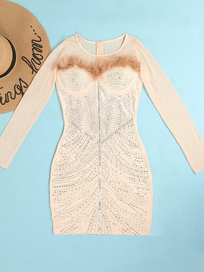 Feather Pearl Rhinestone Minidress - ECHOINE