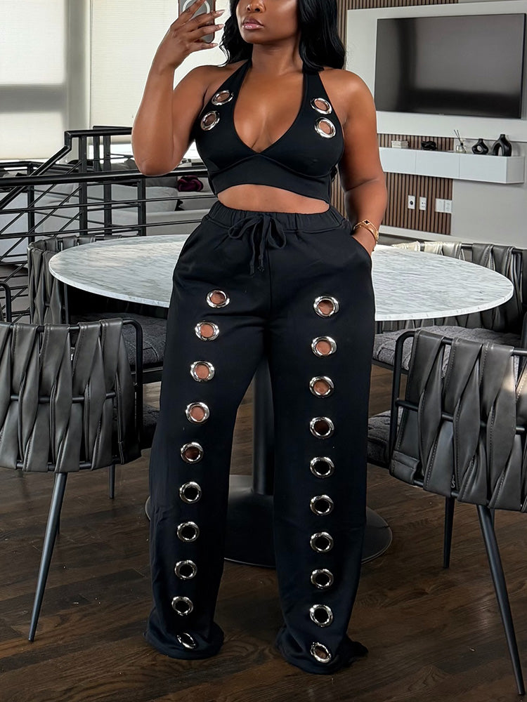 Grommet Crop Top & Wide Pants Set