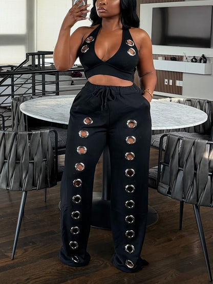 Grommet Crop Top & Wide Pants Set
