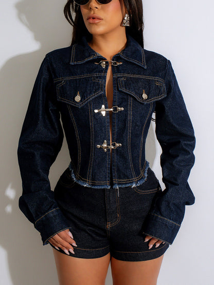 Denim Metal Crop Jacket & Shorts Set