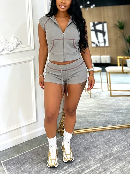 Waffle-Knit Hoodie & Short Set
