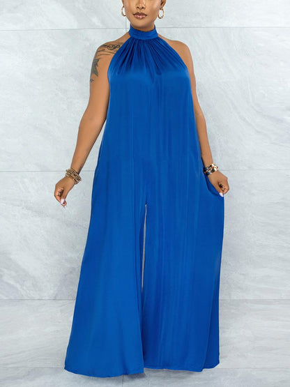 Satin Backless Halter Jumpsuit - ECHOINE