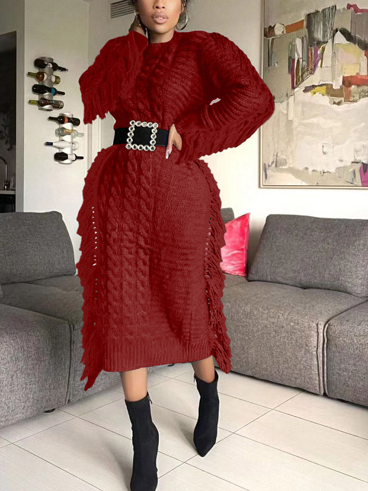 Knitted Tassel Sweater Dress - ECHOINE