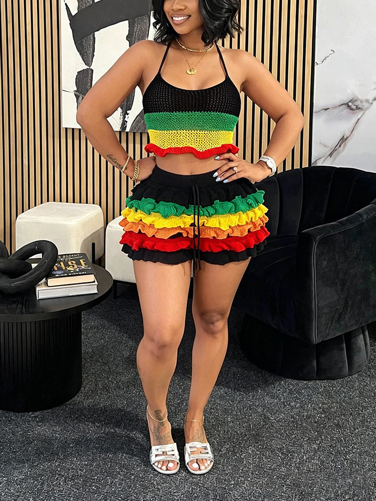 Rainbow Ruffle Crochet Shorts Set