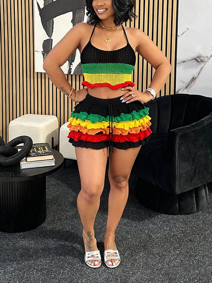Rainbow Ruffle Crochet Shorts Set