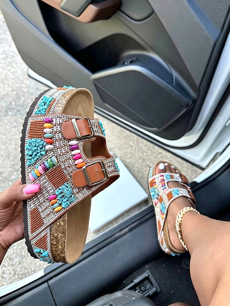 Boho Beaded Double Strap Platform Sandals