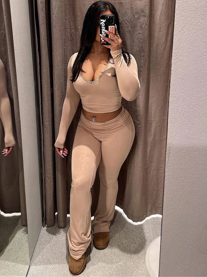 Contrast Lace Crop Top & Flare Pants Lounge Set