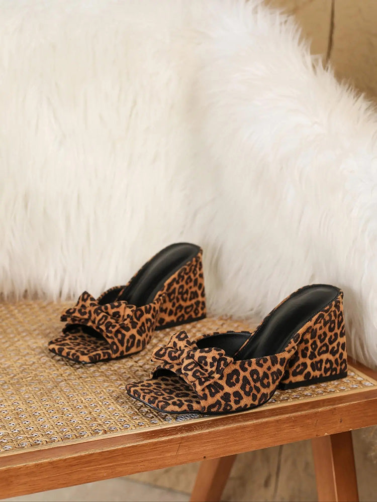 Leopard Print Bow Block Heel Sandals