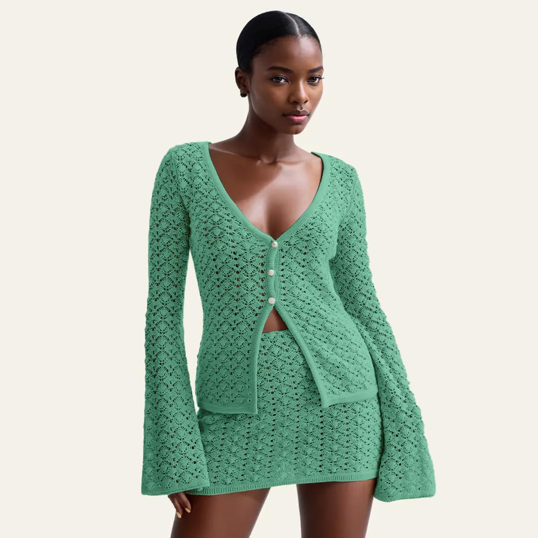 Crochet Knit Top Skirt Set