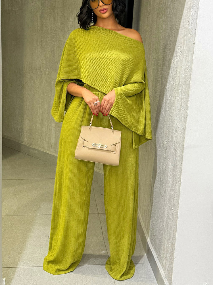 Plissé Asymmetric Top & Wide Pants Set