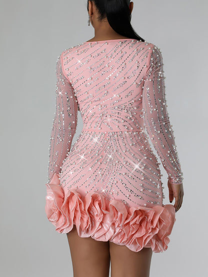 Rhinestone Pearl Ruffle Dress