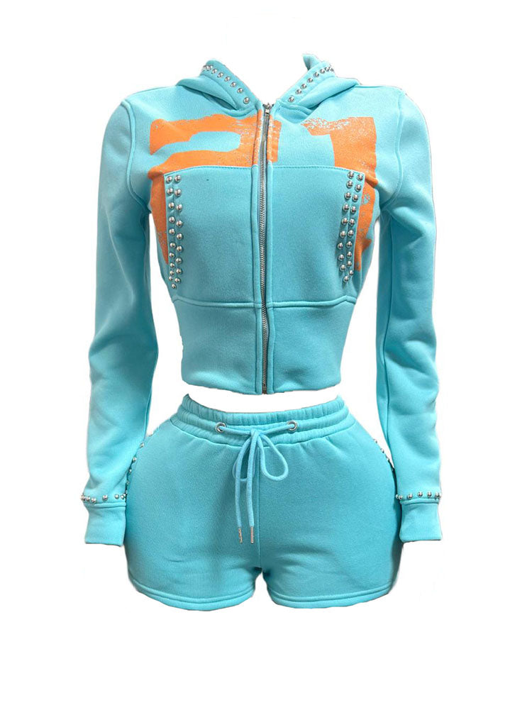 Studded Hoodie Jacket & Shorts Set