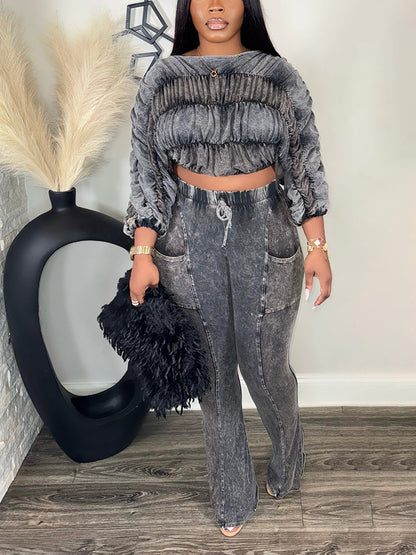 Washed Ruched Top & Flared Pants Set