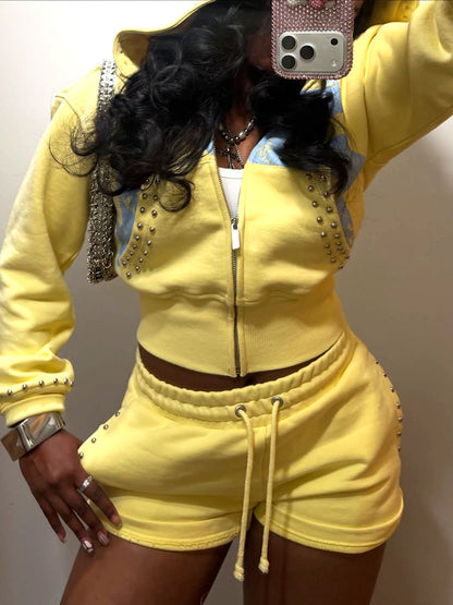 Studded Hoodie Jacket & Shorts Set