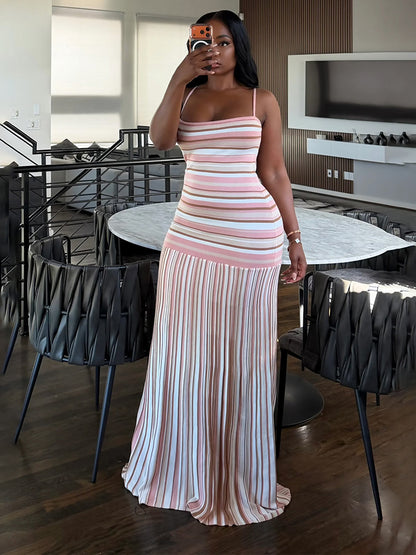Striped Contrast Pleated Maxi Dress
