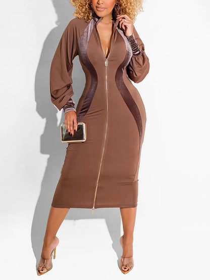 Velvet Detail Zip Up Midi Dress - ECHOINE