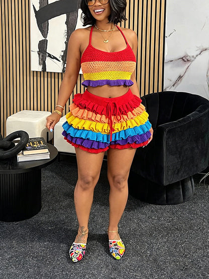 Rainbow Ruffle Crochet Shorts Set