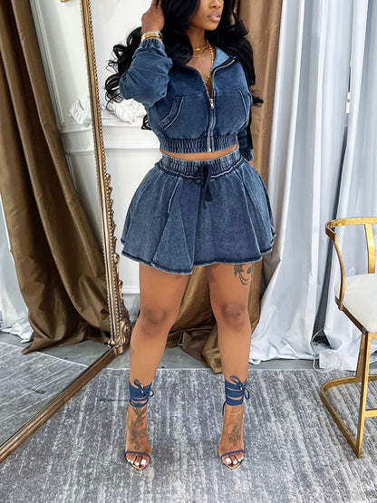 Washed Denim Cropped Jacket & Mini Skirt Set