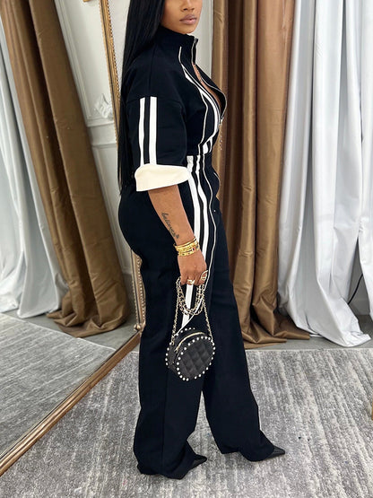 3/4 Sleeves Zip-Up Striped Jumpsuit