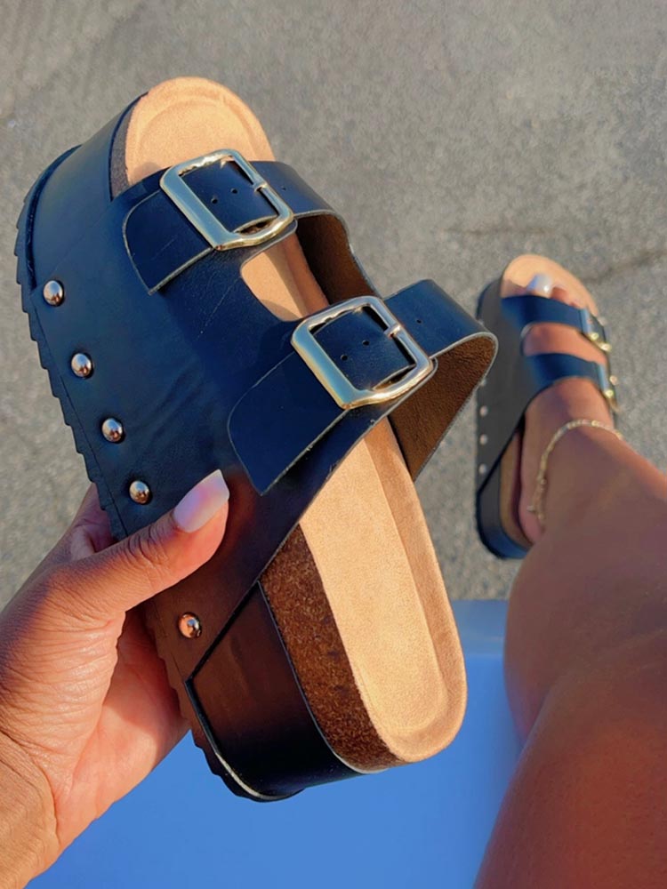 Double Buckle Strap Platform Sandals - ECHOINE