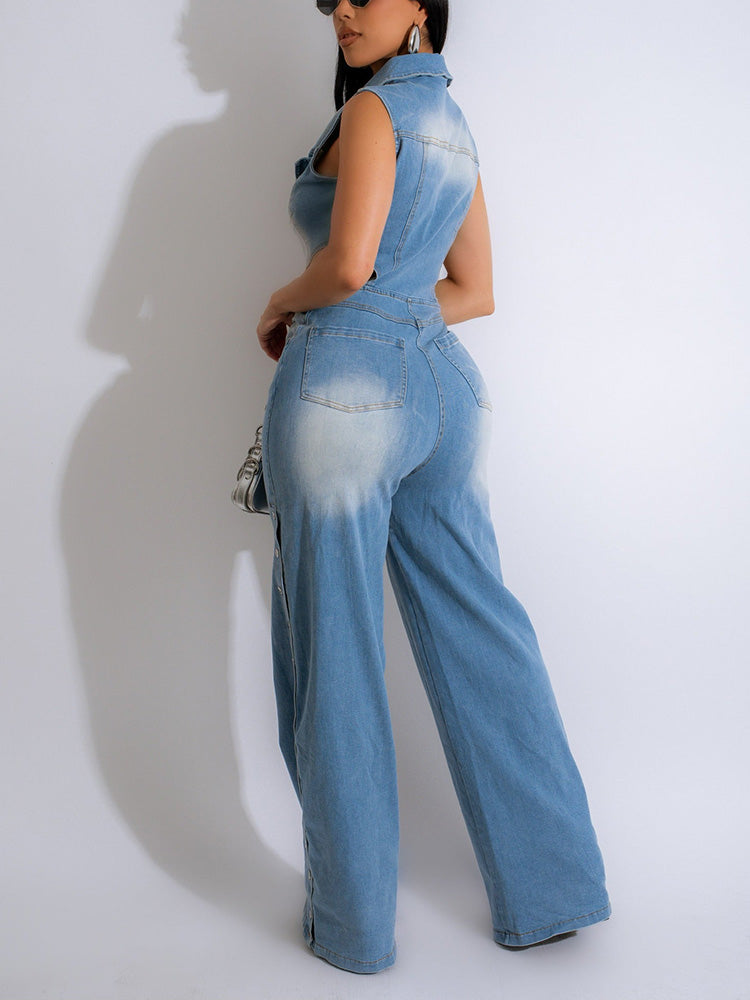 Snap It Out Wide Denim Jumpsuit