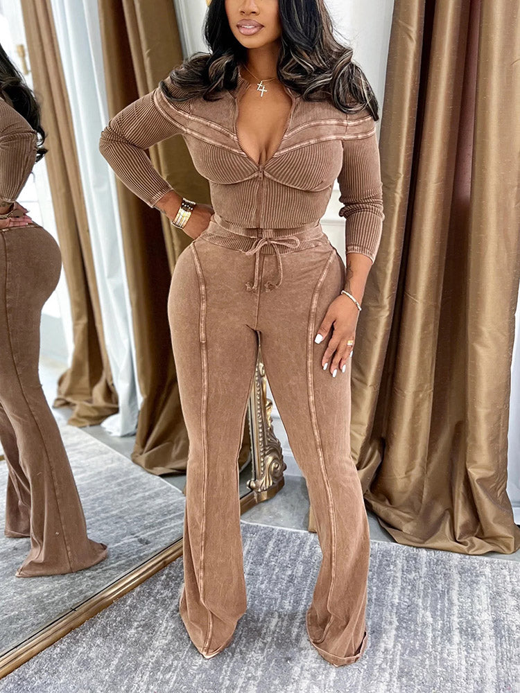 Washed Jacket & Flare Pants Set