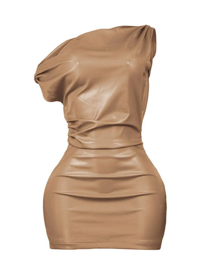 One Shoulder Leather Mini Dress