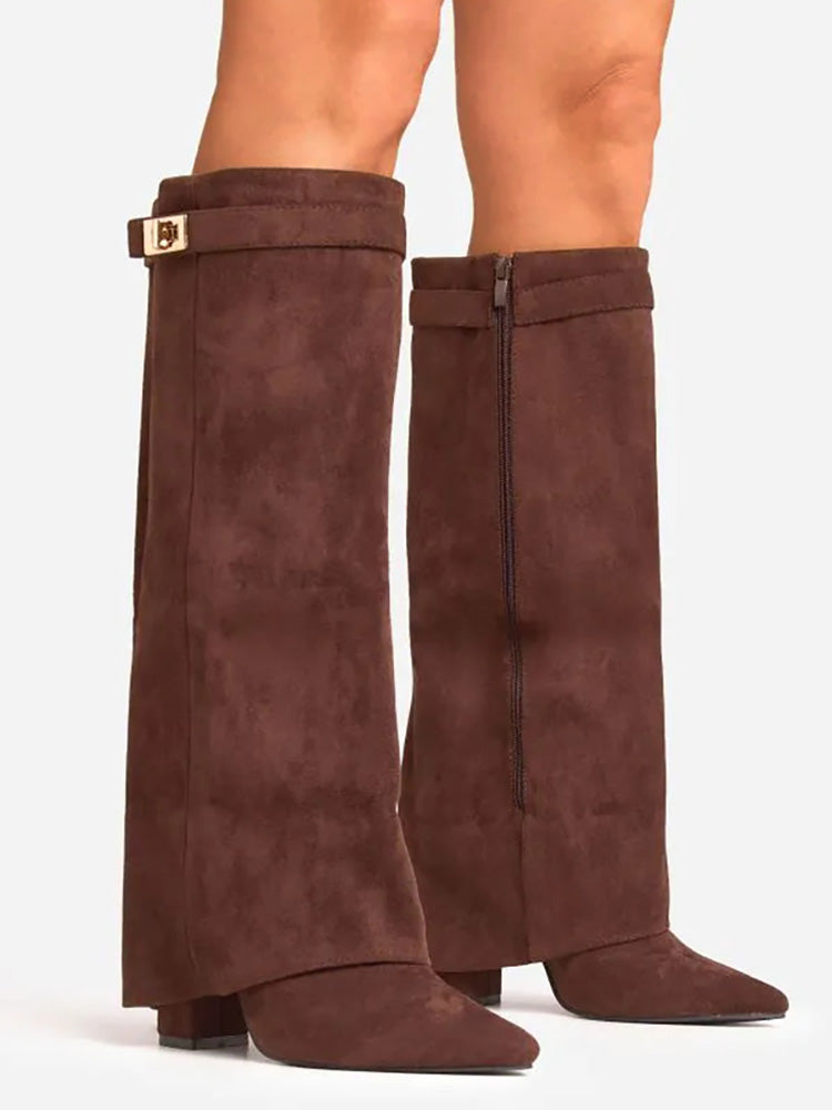 Fold Chunky Heel Knee High Boots