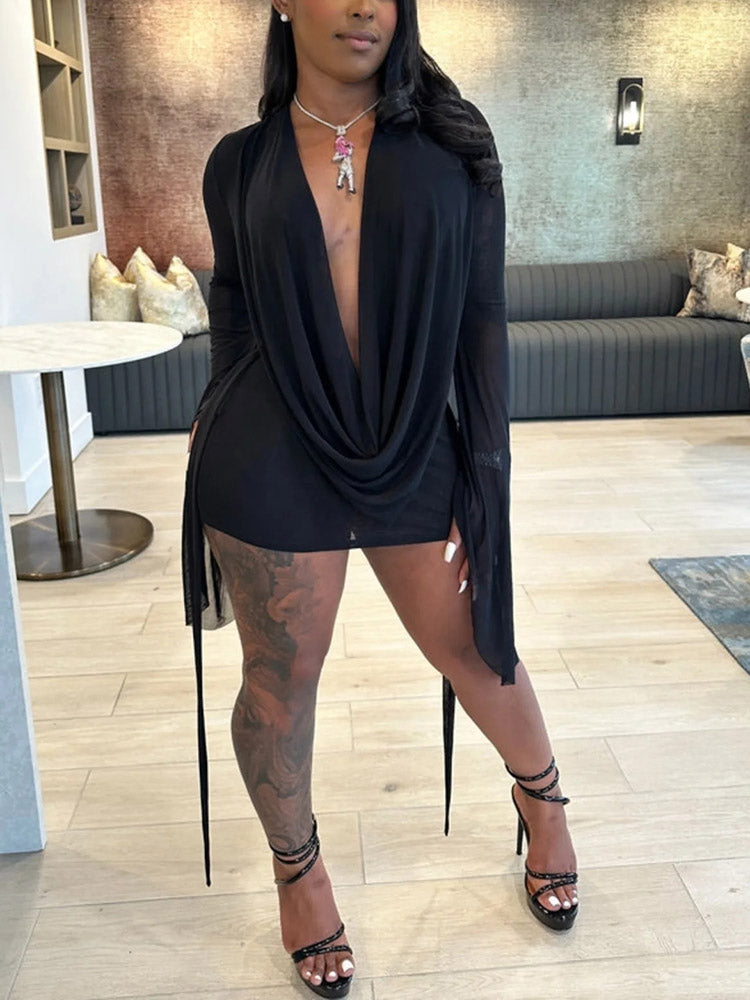 Mesh Plunge Mini Dress
