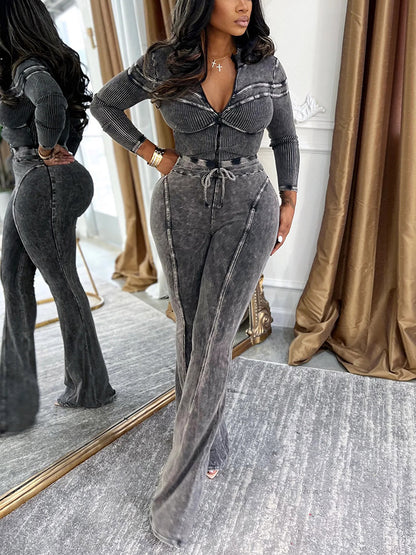 Washed Jacket & Flare Pants Set