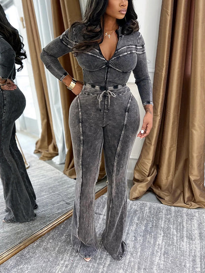 Washed Jacket & Flare Pants Set