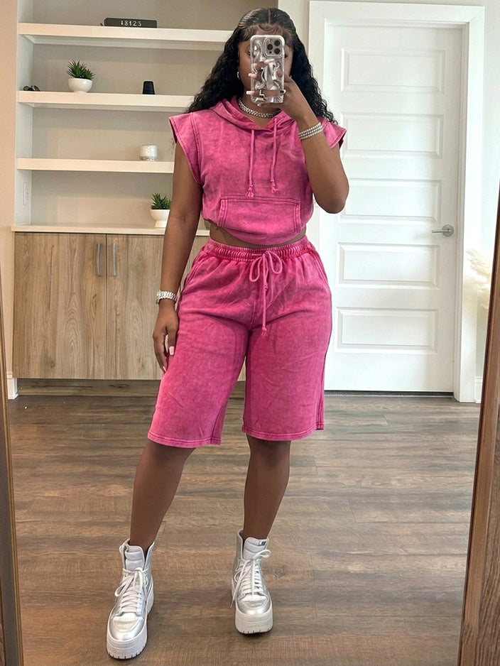 Washed Sleeveless Hoodie & Shorts Set