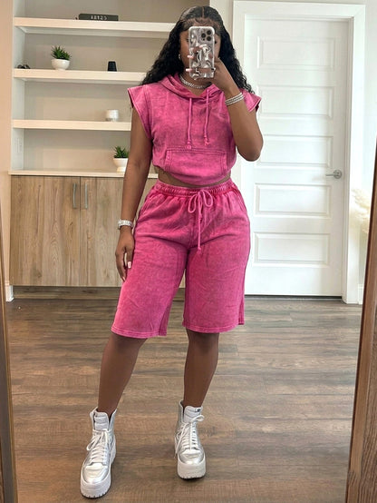 Washed Sleeveless Hoodie & Shorts Set