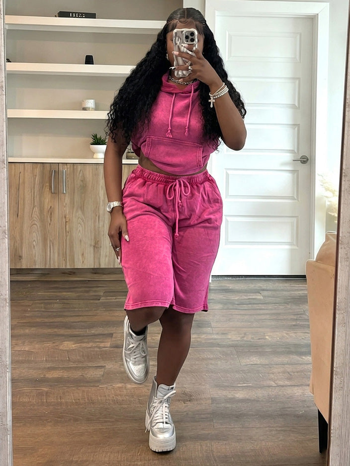 Washed Sleeveless Hoodie & Shorts Set