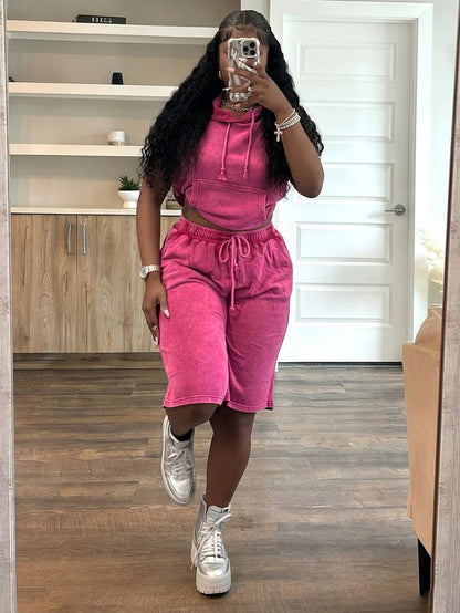 Washed Sleeveless Hoodie & Shorts Set