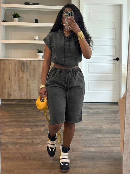Washed Sleeveless Hoodie & Shorts Set