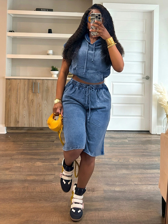 Washed Sleeveless Hoodie & Shorts Set