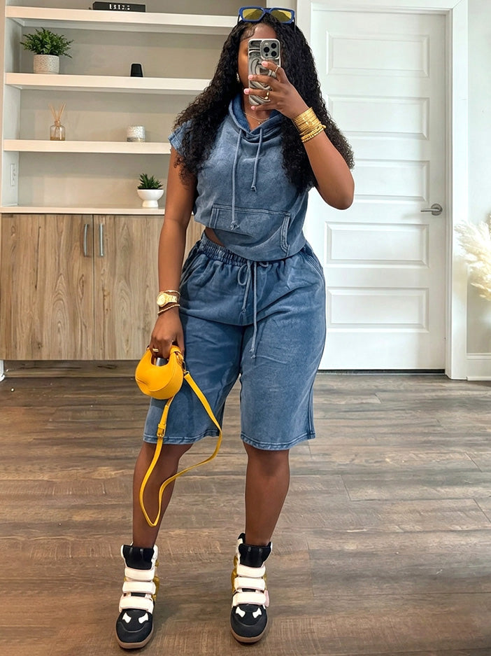 Washed Sleeveless Hoodie & Shorts Set
