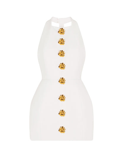 Halter Gold Button Mini Dress